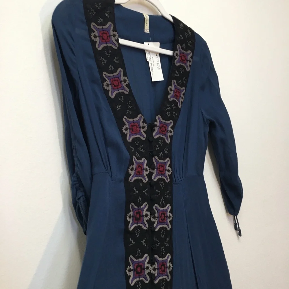 Free People Embroidered Midi Dress 4 Blue Boho Festival Renaissance Fairy